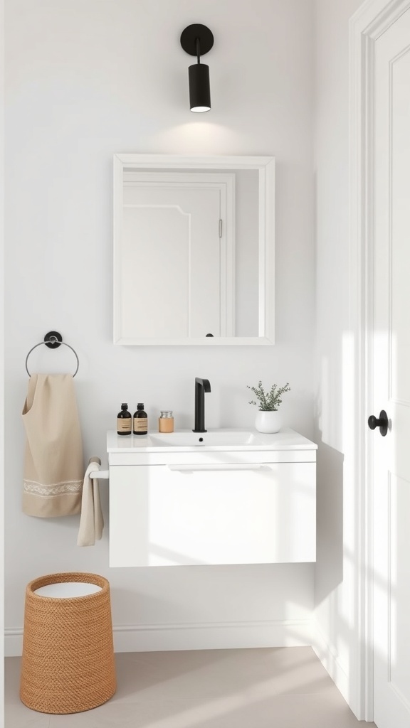 Minimalist wall-mounted vanity with a sleek design, modern faucet, and simple decor.