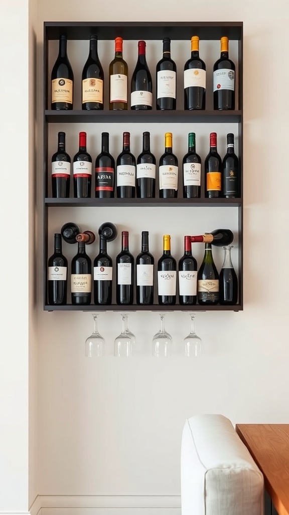 A sleek wall-mounted wine rack displaying various bottles of wine and hanging glasses.