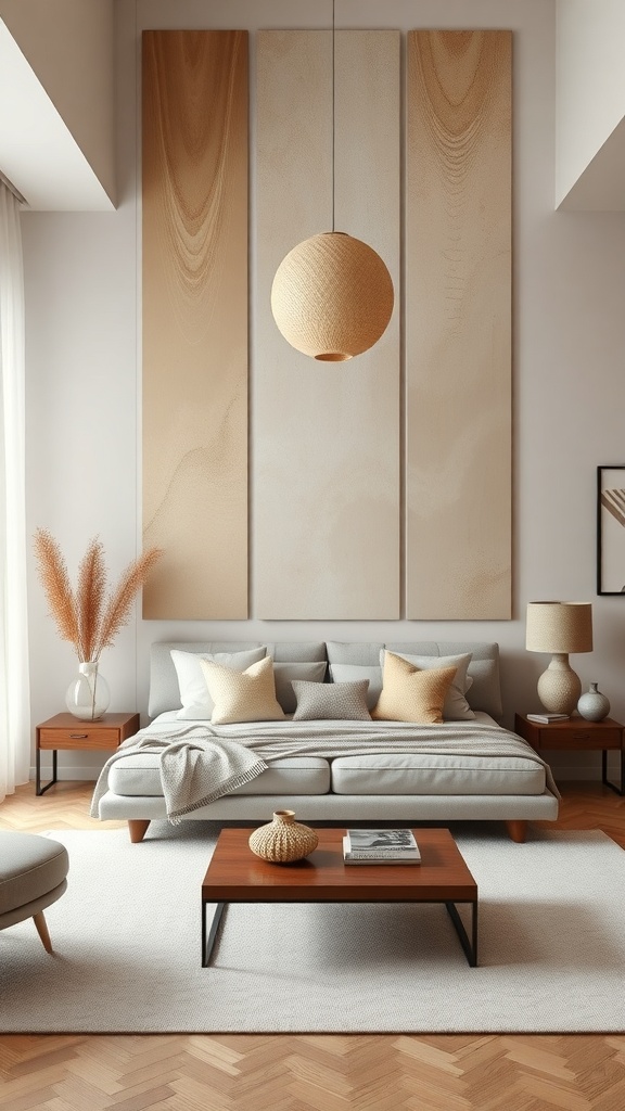 A cozy living room featuring wooden wall art panels, a comfortable sofa with decorative pillows, and stylish lighting.