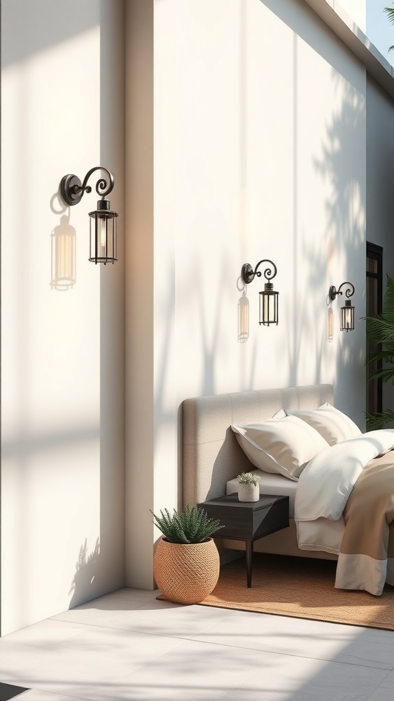 Elegant wall sconces mounted on a smooth wall, casting shadows and providing warm light.