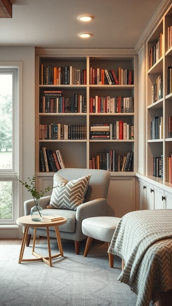 Cozy reading nook in a basement with bookshelves, an armchair, and a side table.