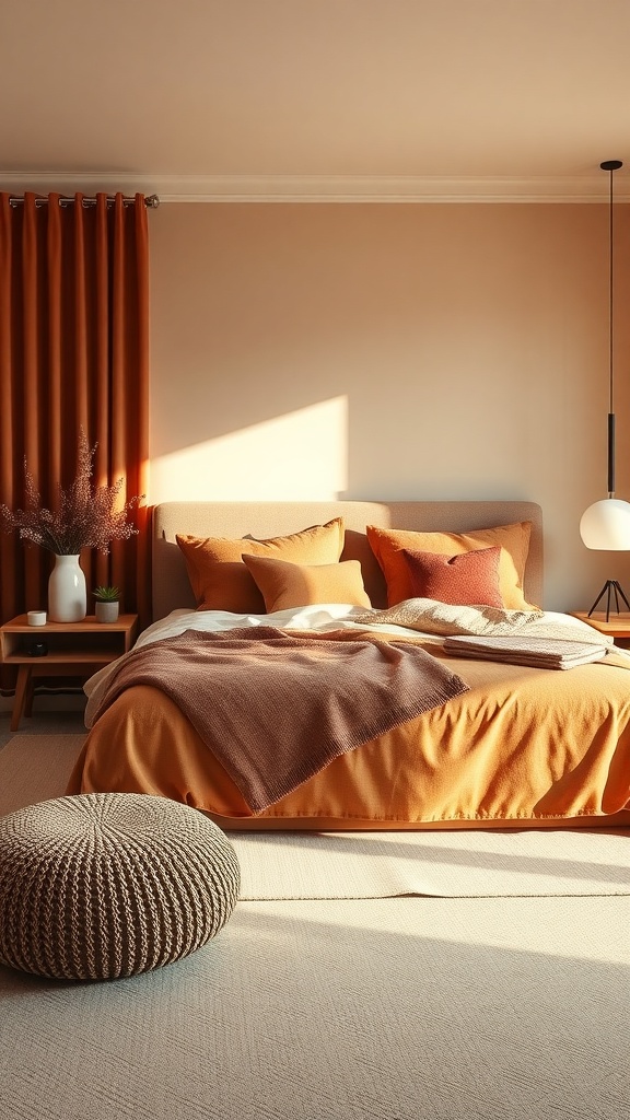 A cozy bedroom featuring warm color palettes with orange and beige tones, a comfortable bed with layered bedding, and a knitted pouf.