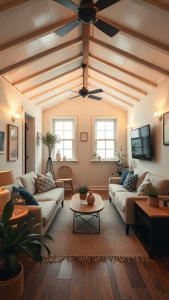 A cozy tiny house interior with warm lighting fixtures and a rustic design.