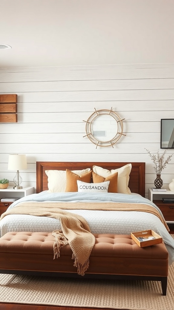 A cozy bedroom with textured shiplap walls, a wooden bed frame, and soft bedding.