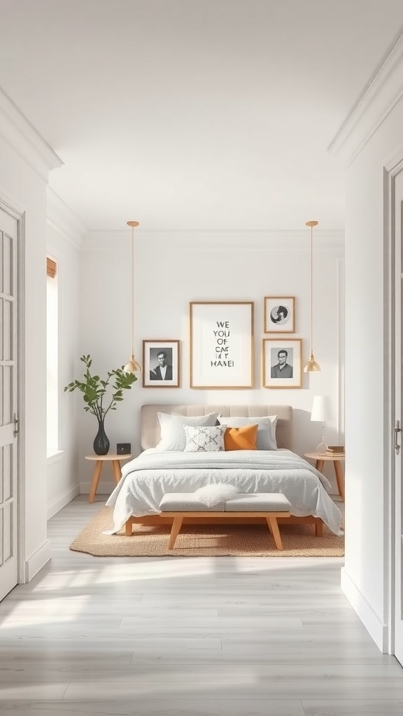 A small foyer with framed artwork on the wall, pendant lights, and a plant.