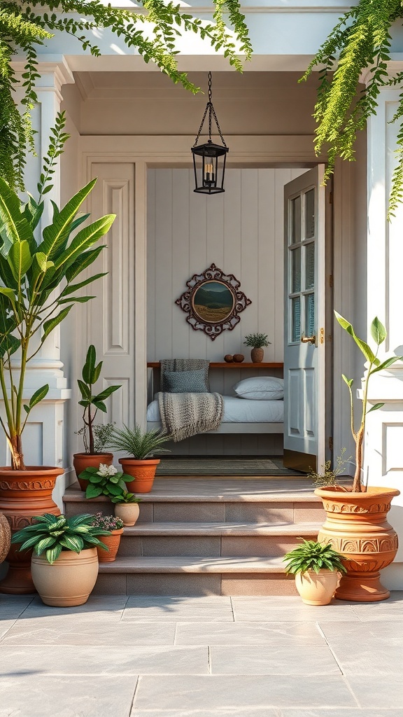 A welcoming porch with potted plants and a lantern, creating an inviting entrance.