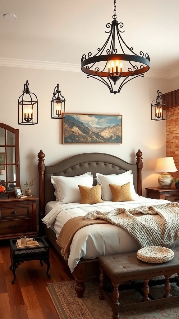 A cozy western-themed bedroom featuring a chandelier and lantern-style lighting fixtures.