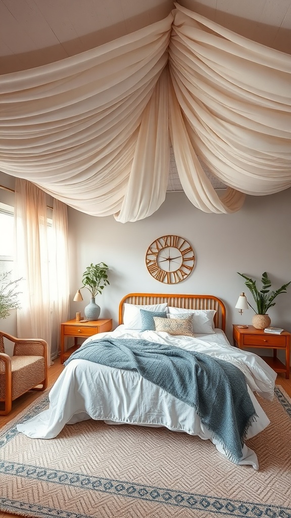 A boho bedroom featuring draped fabric ceiling treatment, a cozy bed, and natural decor.