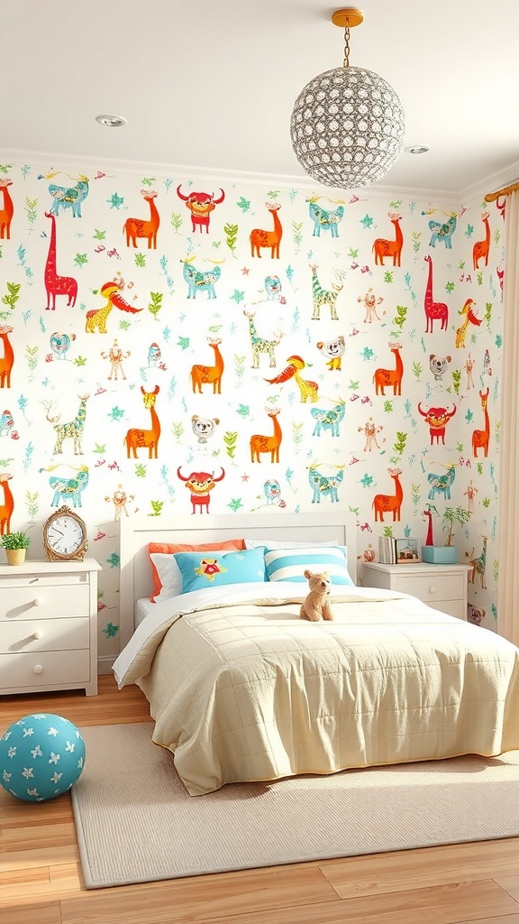 A colorful children's room with animal-themed wallpaper, a cozy bed, and playful decor.