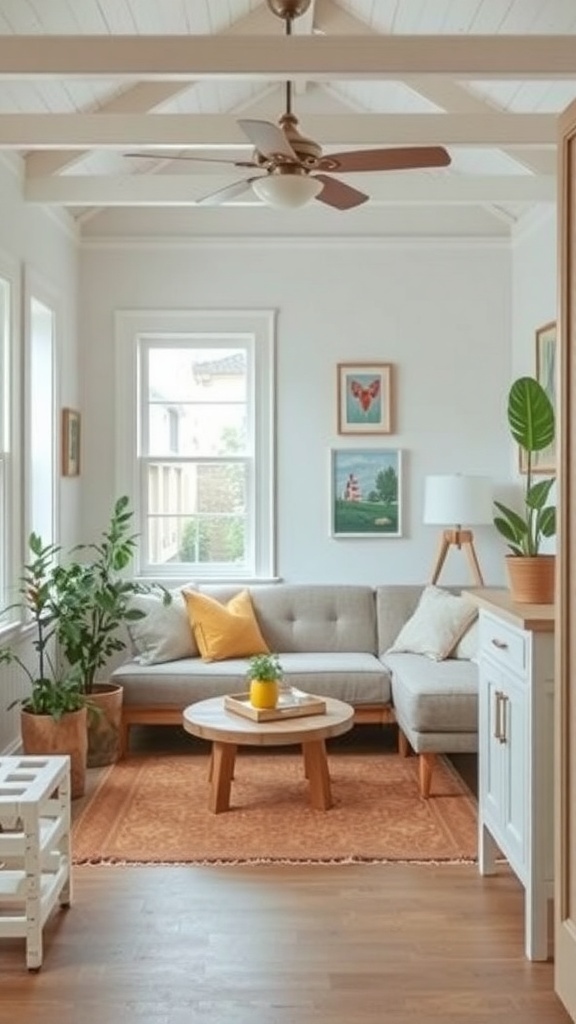 Cozy tiny cottage living room with gray sofa, plants, circular coffee table, and colorful artwork on the walls.