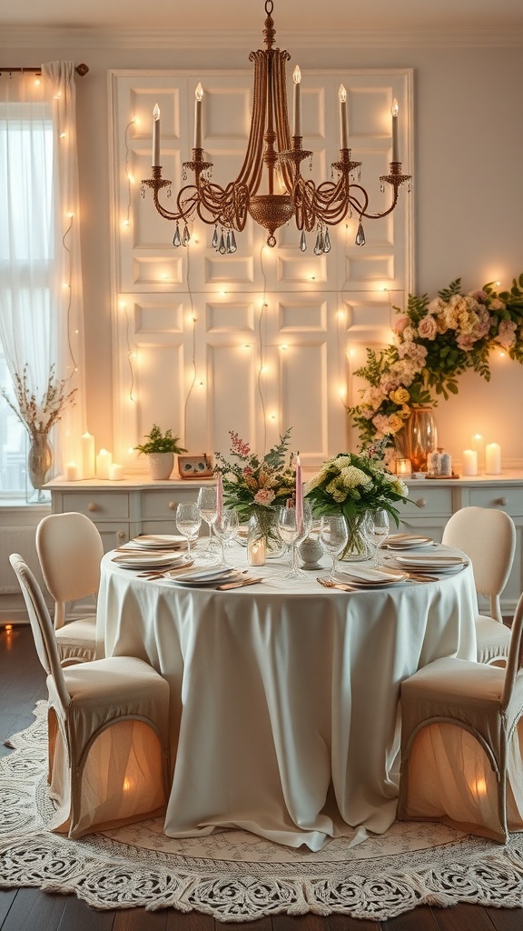 A beautifully set dining table with fairy lights in the background, creating a warm and inviting atmosphere.