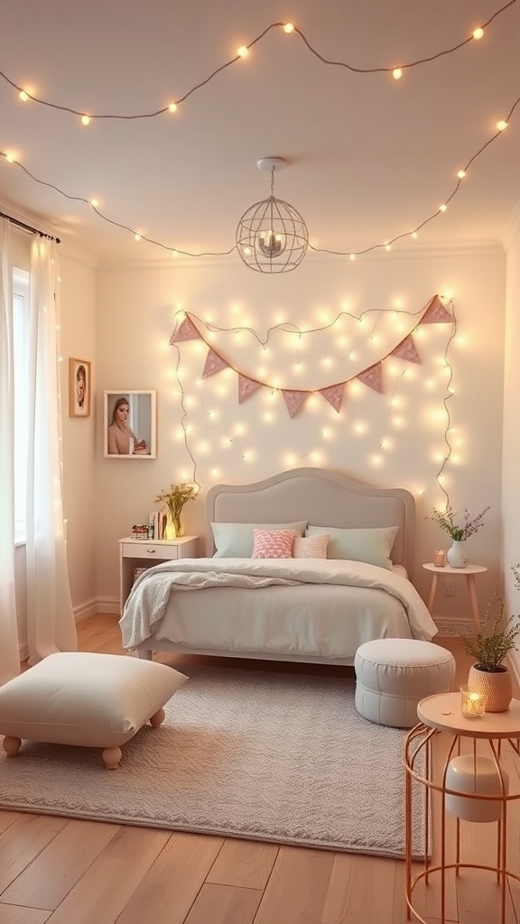 A cozy bedroom with string lights, pastel bedding, and playful decorations, creating a whimsical fairy tale setting.
