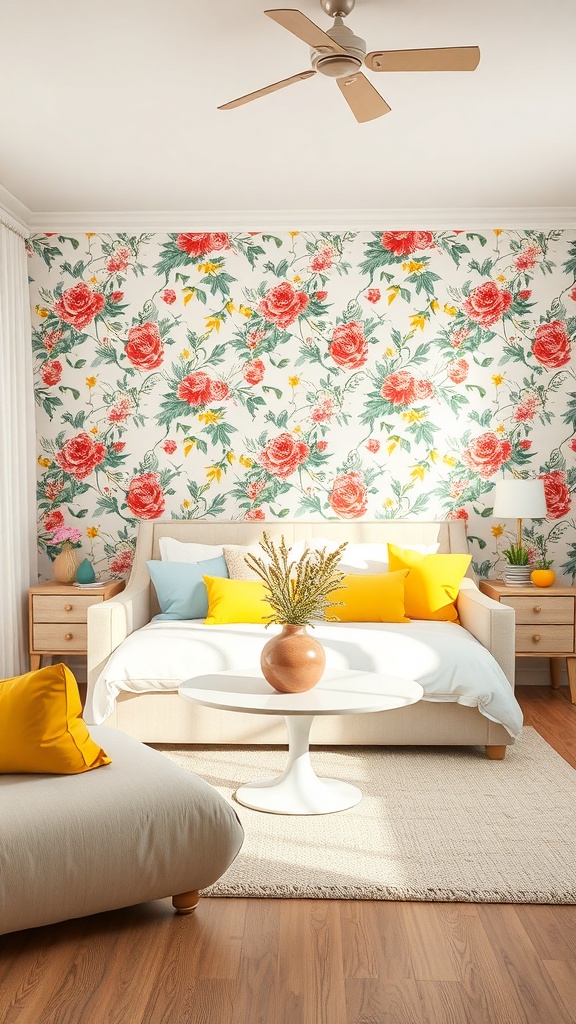 Living room with whimsical floral wallpaper featuring red roses and yellow accents, complemented by a beige couch and colorful cushions.