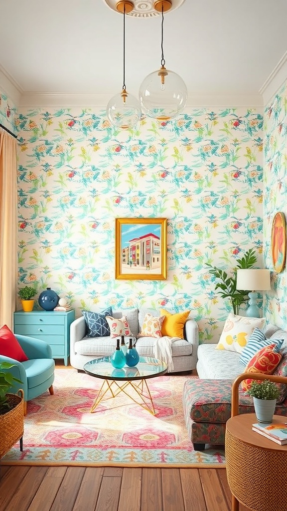 A vibrant living room with whimsical floral wallpaper, colorful furniture, and playful decor.