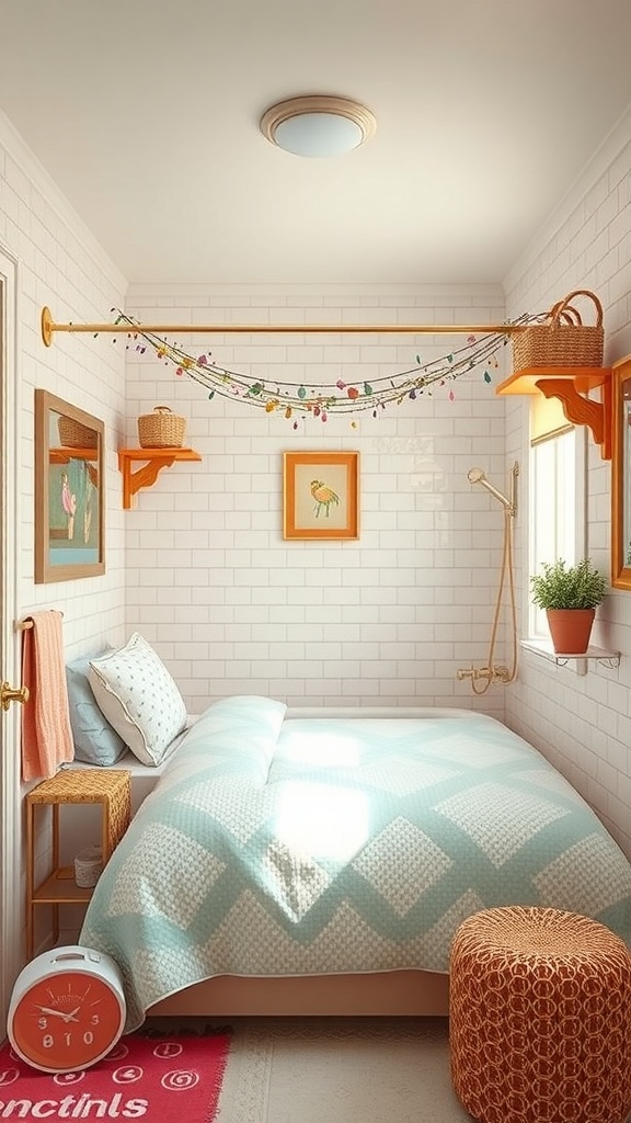 A whimsical shower room with string lights, colorful decor, and playful art.