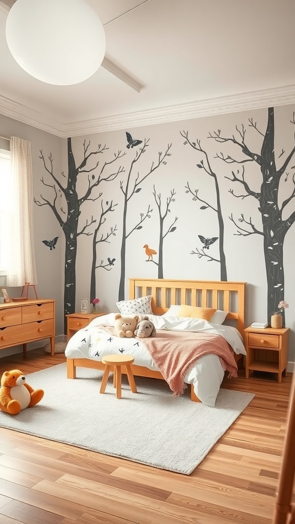 A children's room with a whimsical woodland theme featuring tree wall art, wooden furniture, and soft textures.
