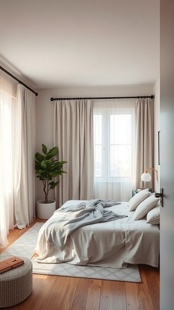 A stylish tiny bedroom with soft curtains filtering light from a window.