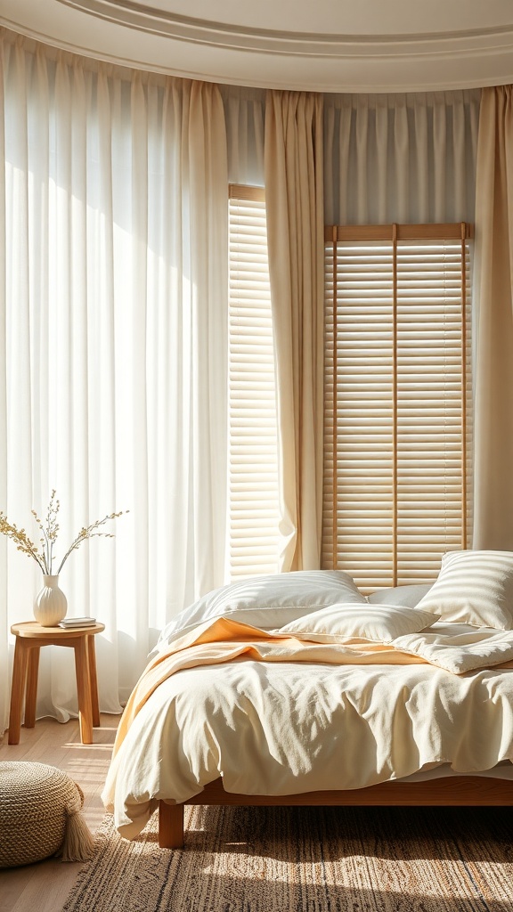 A cozy bedroom with soft curtains and wooden blinds, featuring a warm color palette and inviting decor.