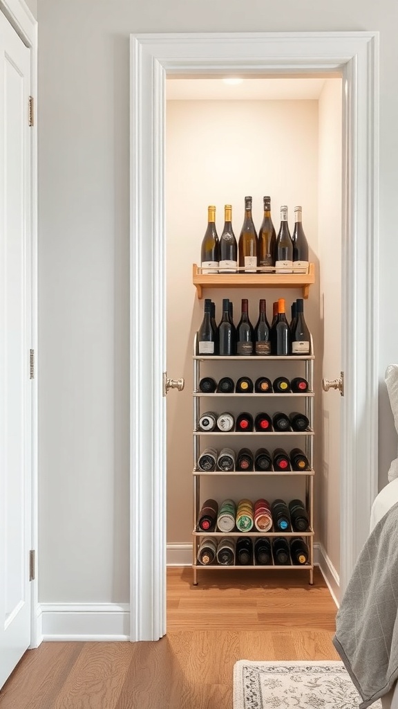 A wine rack in a pantry door displaying various wine bottles and canned goods.