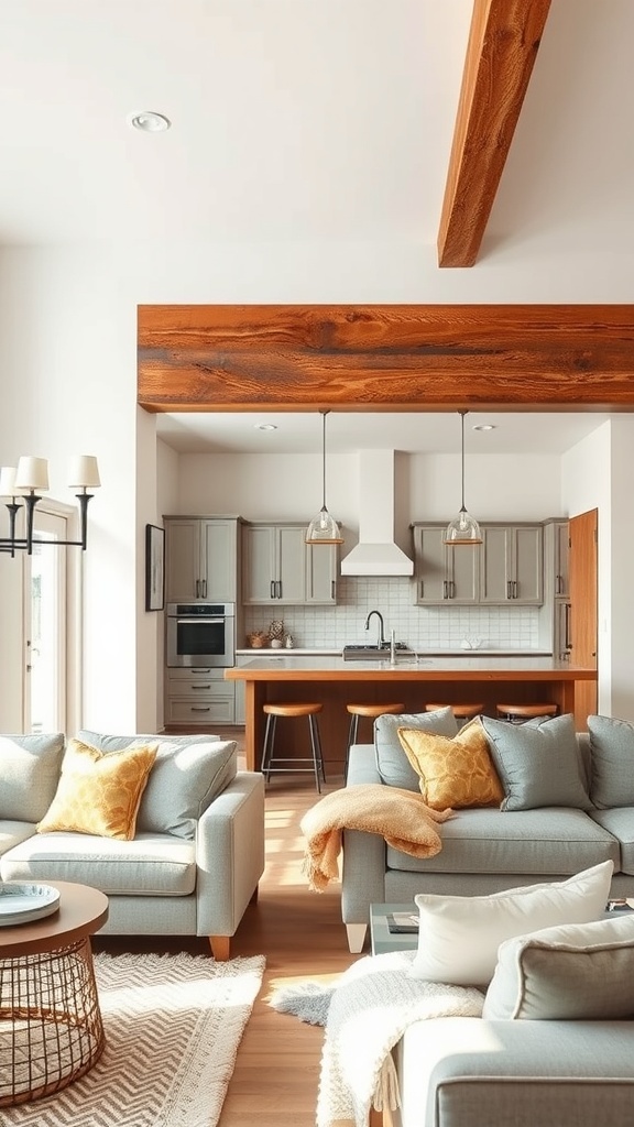A stylish living area with a wooden beam separating the kitchen, showcasing a modern design with rustic charm.