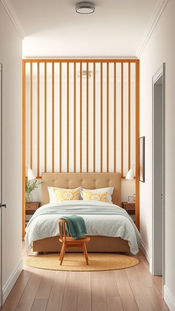 A wooden slat partition separating a bedroom from a hallway, featuring a cozy bed and warm decor.