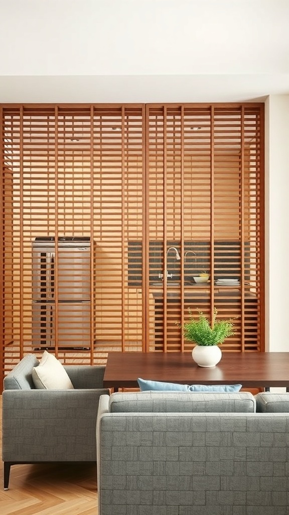 Wooden slat screen partition separating the kitchen from the living area with plush couches and a decorative plant.