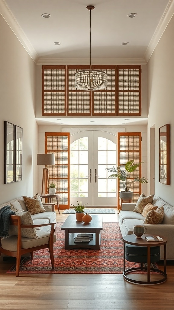 Bright foyer showcasing wooden slat screens and modern decor