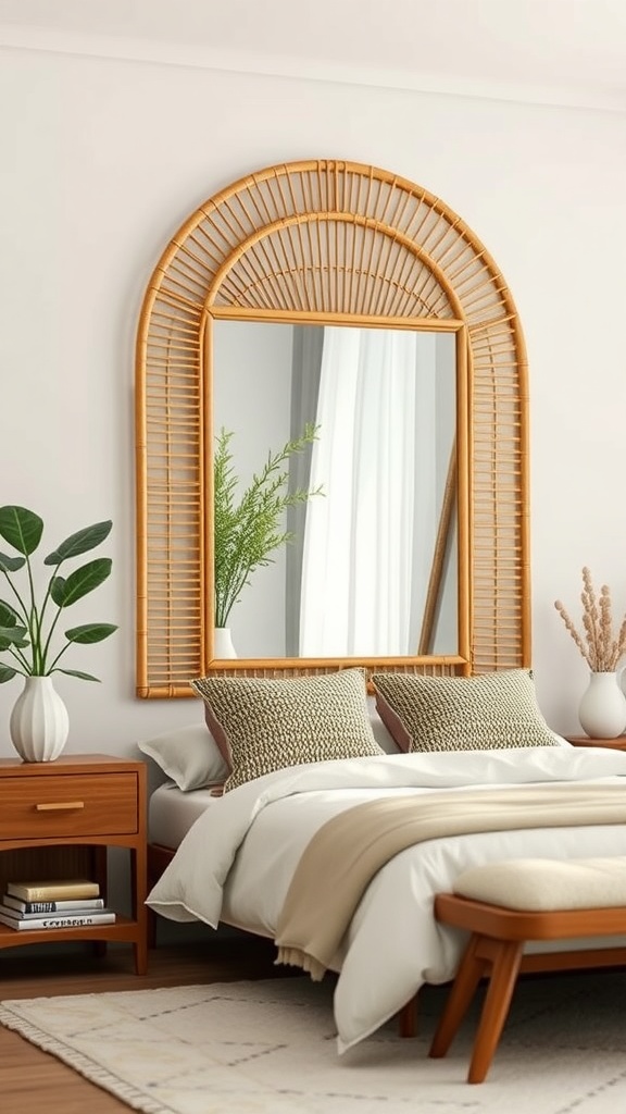 A cozy bedroom featuring a woven rattan mirror frame above the bed, with plants and decorative pillows.