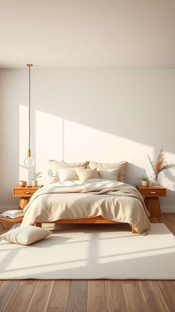 A serene bedroom with neutral tones, wooden furniture, and natural light.