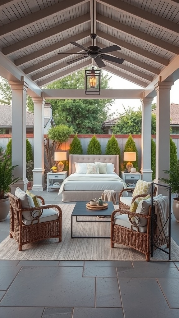 A serene covered outdoor patio with comfortable seating, plants, and soft lighting, ideal for meditation.