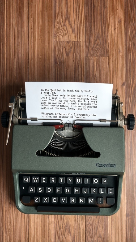 A vintage green typewriter with a sheet of paper typed with text, placed on a wooden surface.