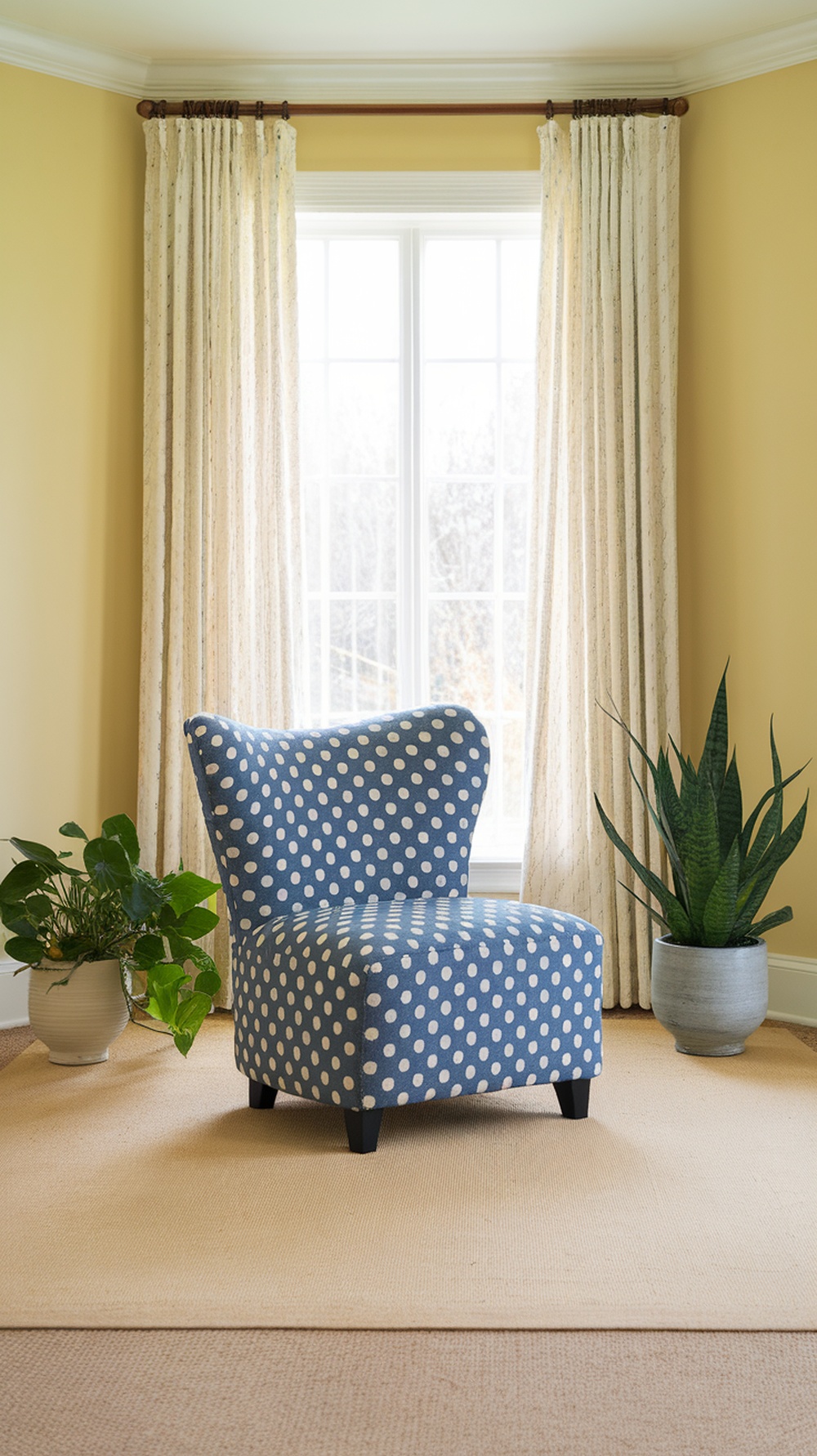 A blue polka dot accent chair in a bright room with yellow walls and plants.