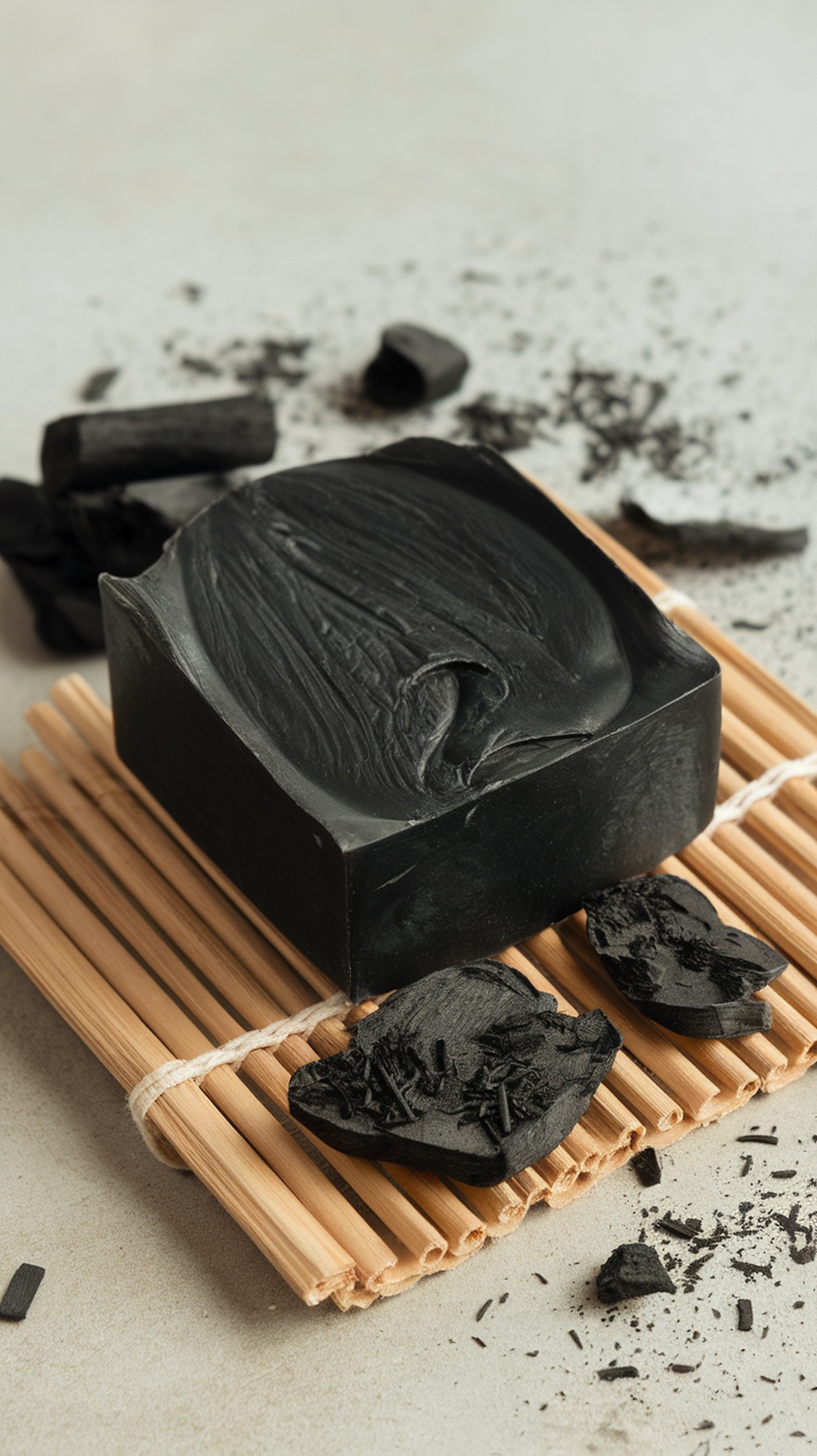 A bar of activated charcoal soap on a bamboo mat, surrounded by pieces of charcoal.