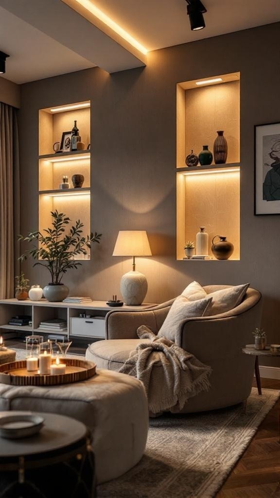 A cozy living space with accent lighting highlighting the walls and decor.