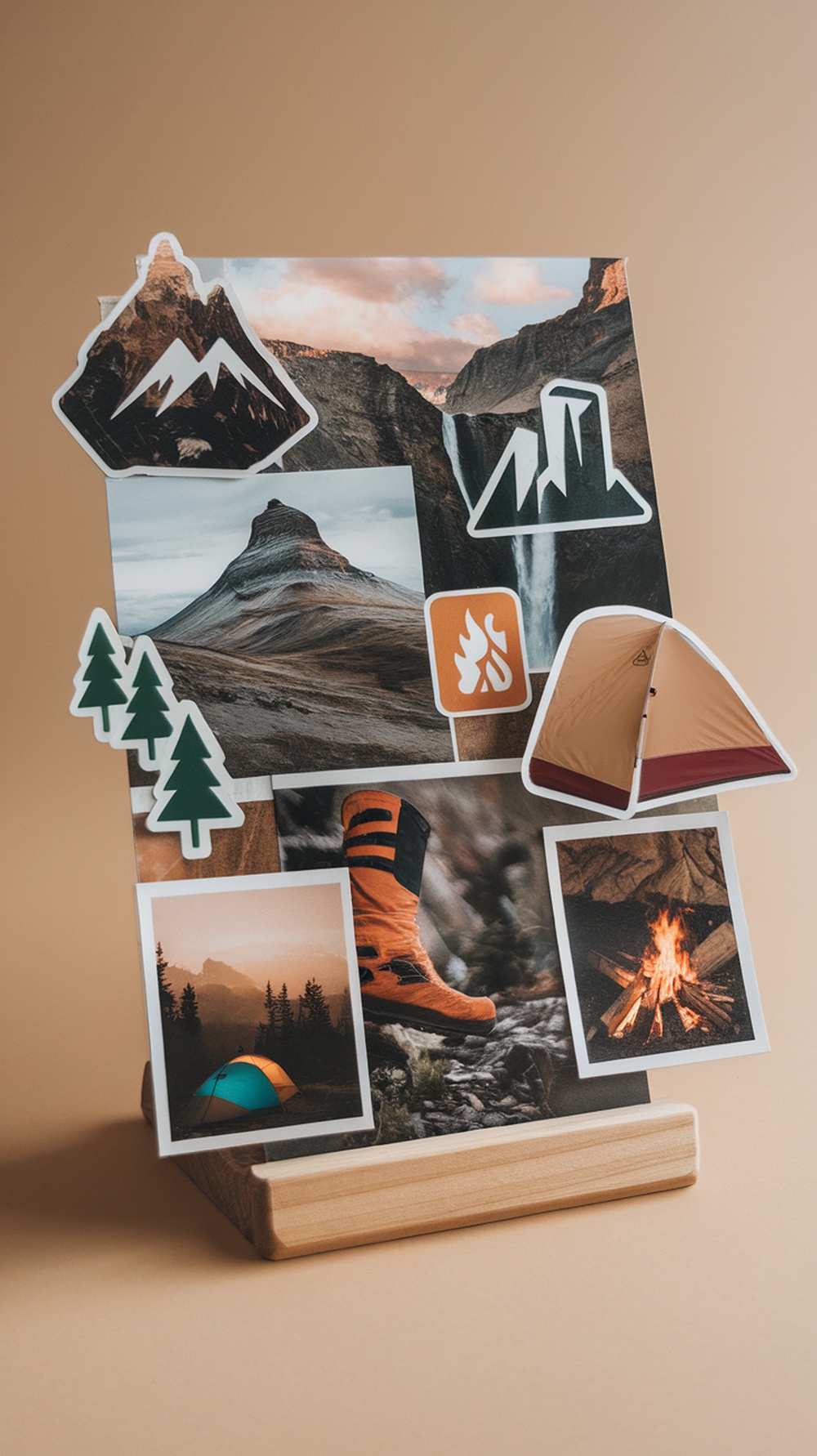 A vision board featuring outdoor activities with images of mountains, camping gear, and nature.