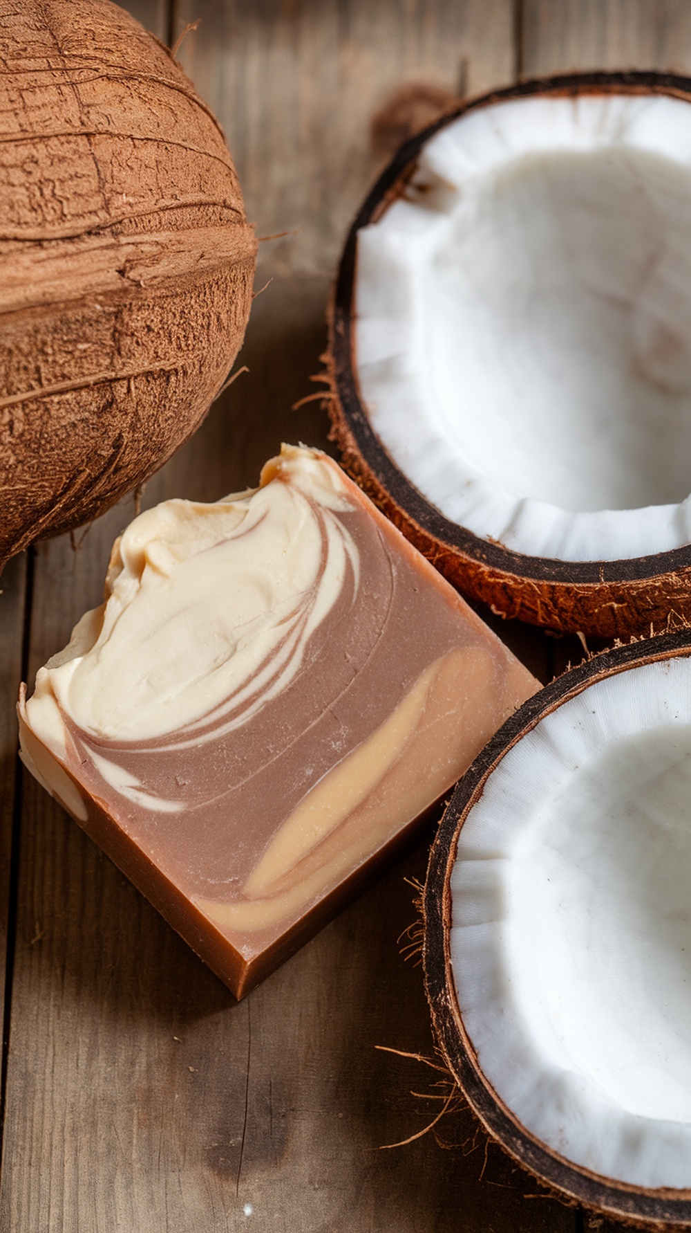 A creamy bar of soap with swirls, placed next to two coconut halves on a wooden surface.