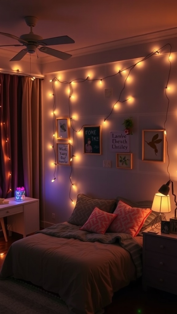 Cozy bedroom with string lights and soft lighting
