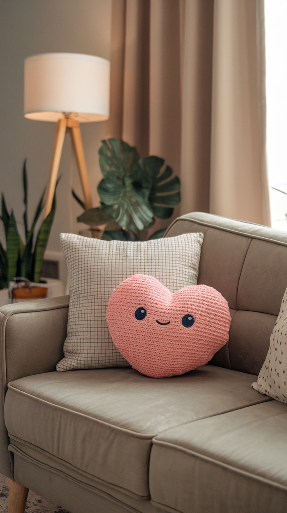 A pink amigurumi heart plush with a smile, resting on a couch with decorative pillows.
