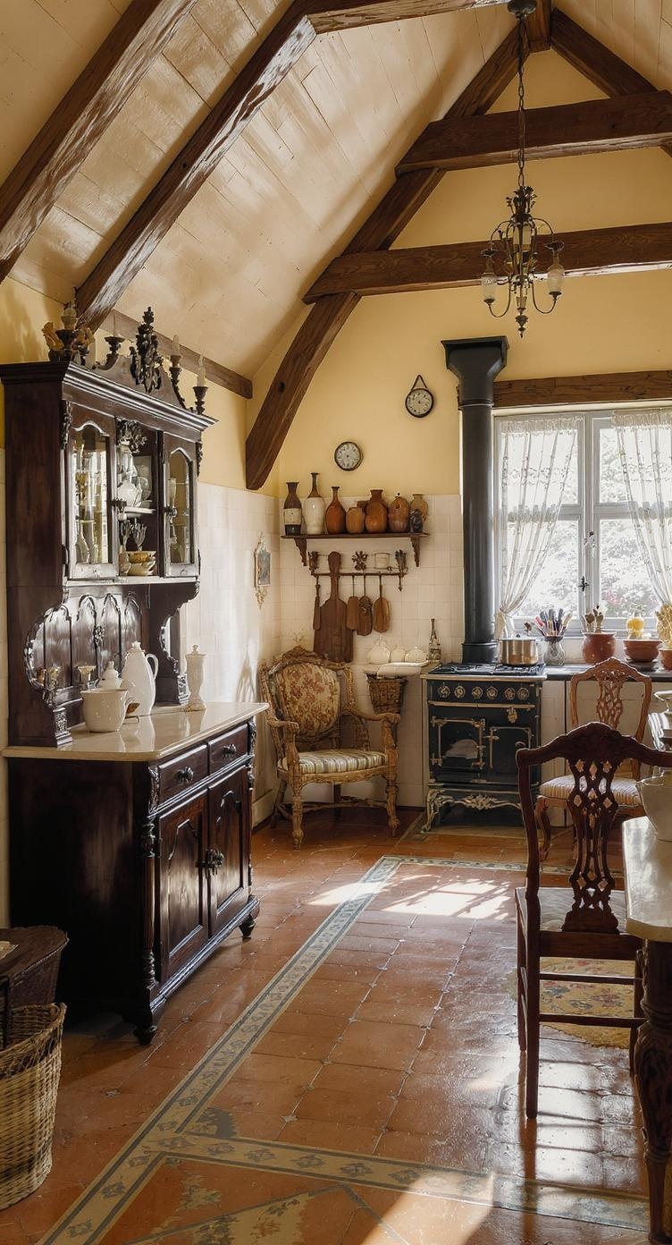 A cozy Victorian kitchen with antique wooden furniture, including a cabinet and dining table.