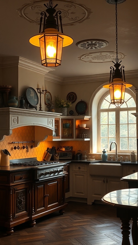 Two antique lantern-style lighting fixtures hanging in a Victorian kitchen