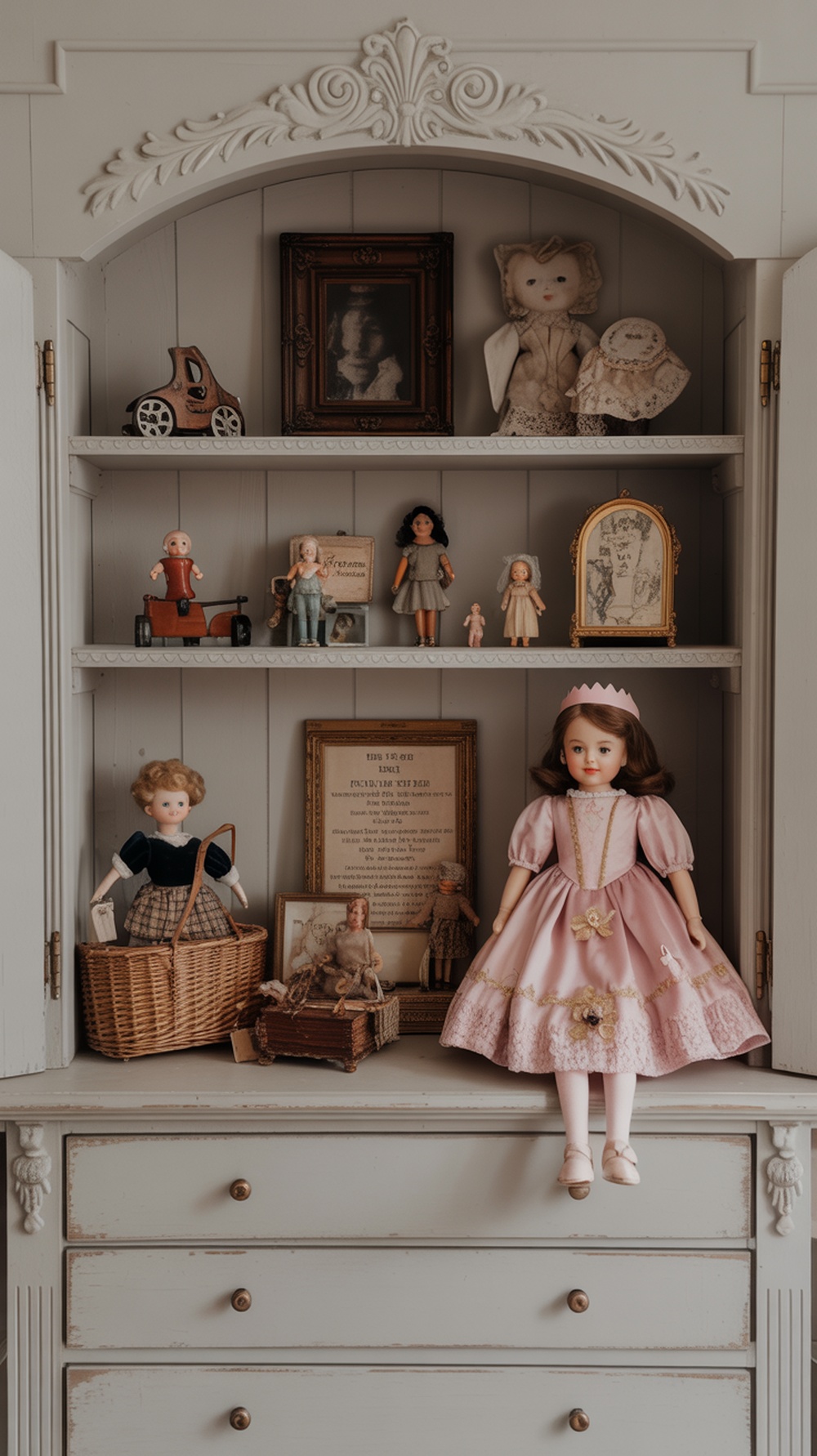 A vintage princess bedroom featuring antique toys, including dolls, a rocking horse, and toy cars, set against soft pink walls.