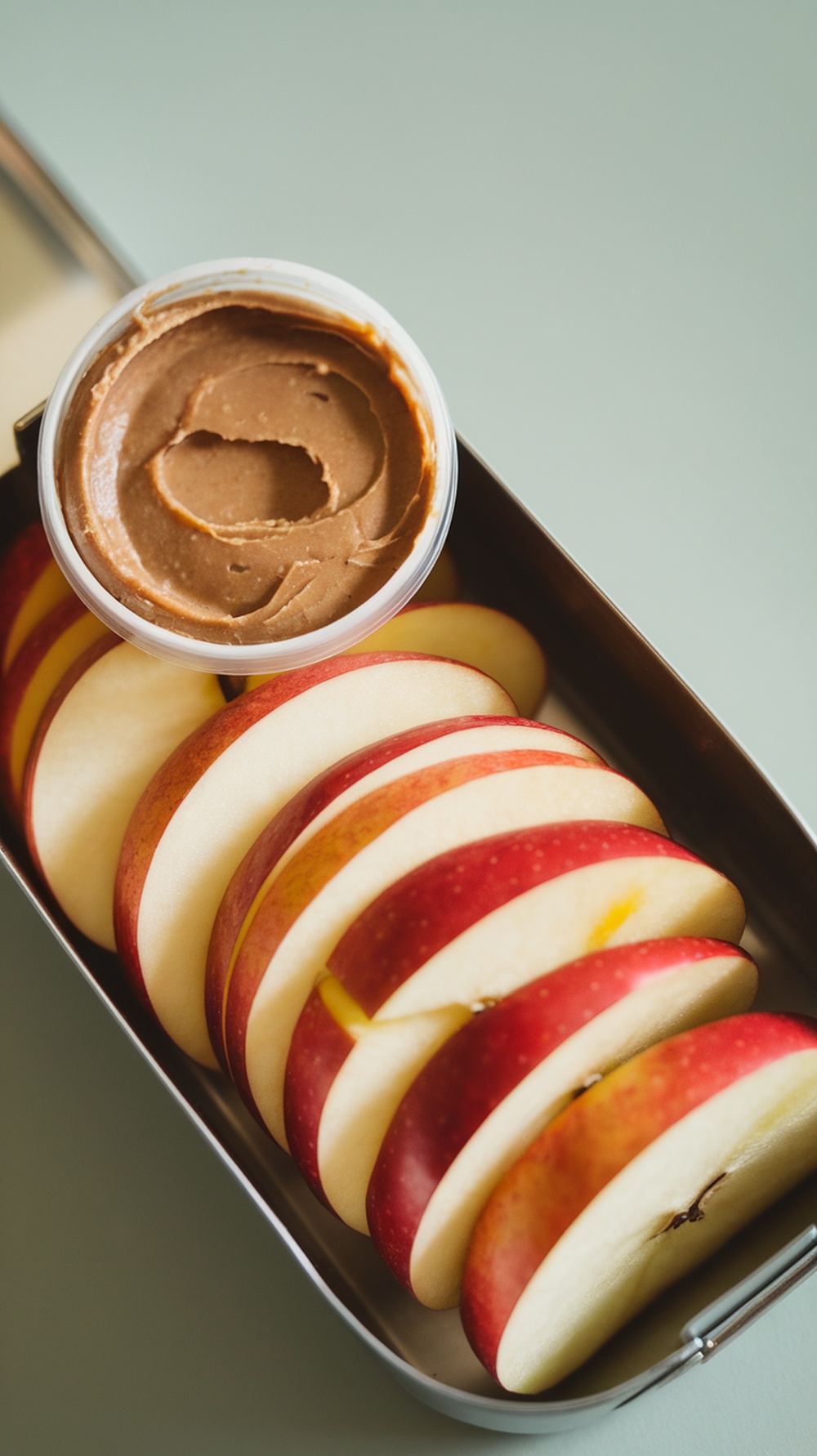 Apple slices with almond butter in a lunch box