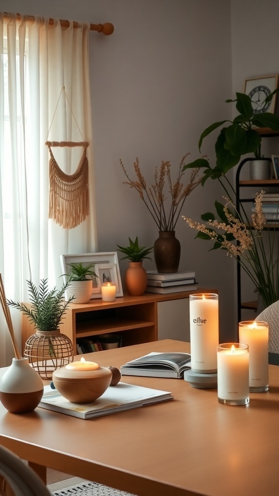 A cozy office setup featuring candles, plants, and a warm atmosphere.