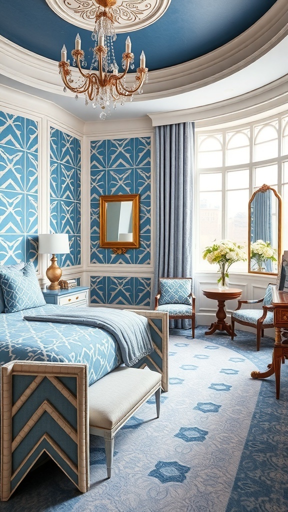 Art Deco inspired blue and white bedroom with elegant furniture and decorative moldings.