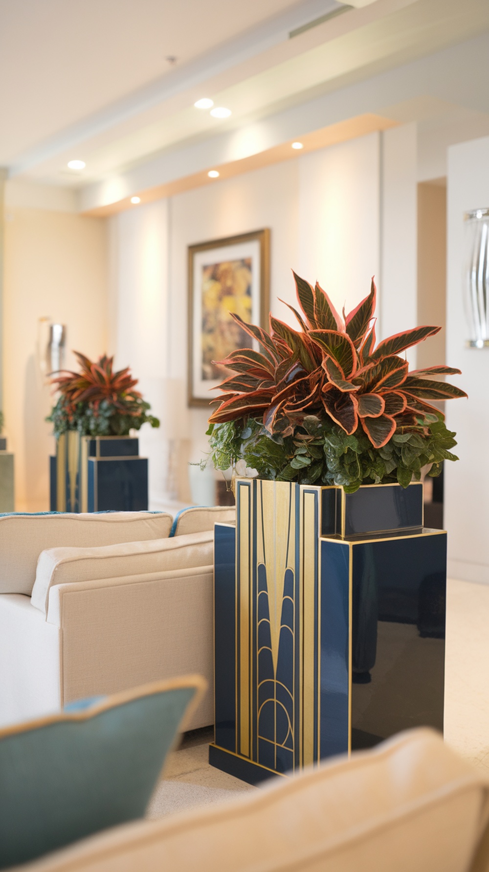 Art Deco inspired planters with vibrant plants in a modern living room setting.