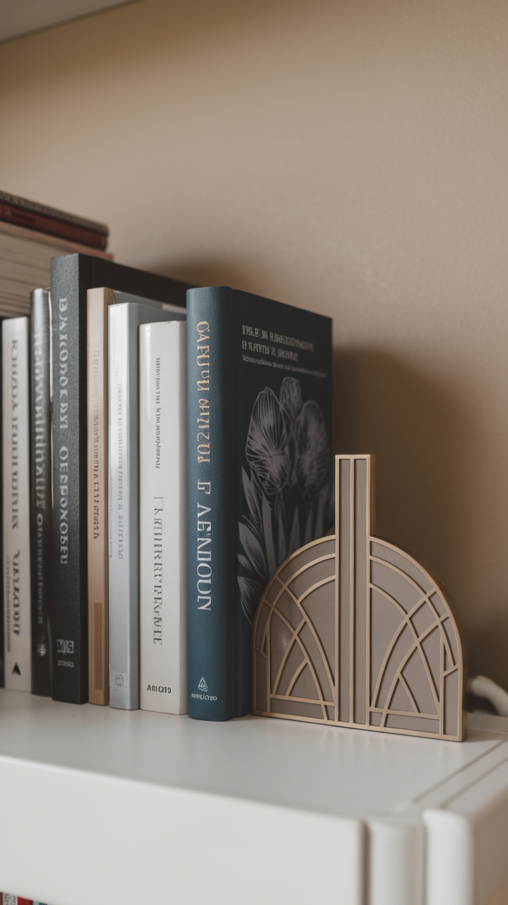 Art Deco style bookends next to a collection of books on a shelf