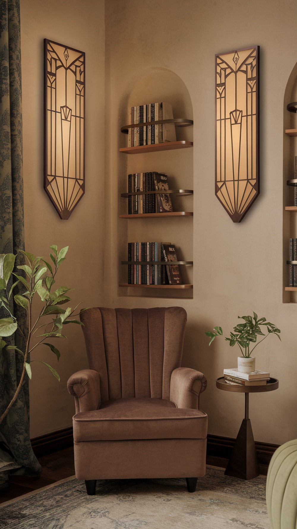 Art Deco style wall sconces illuminating a cozy reading nook with a brown armchair and bookshelves.