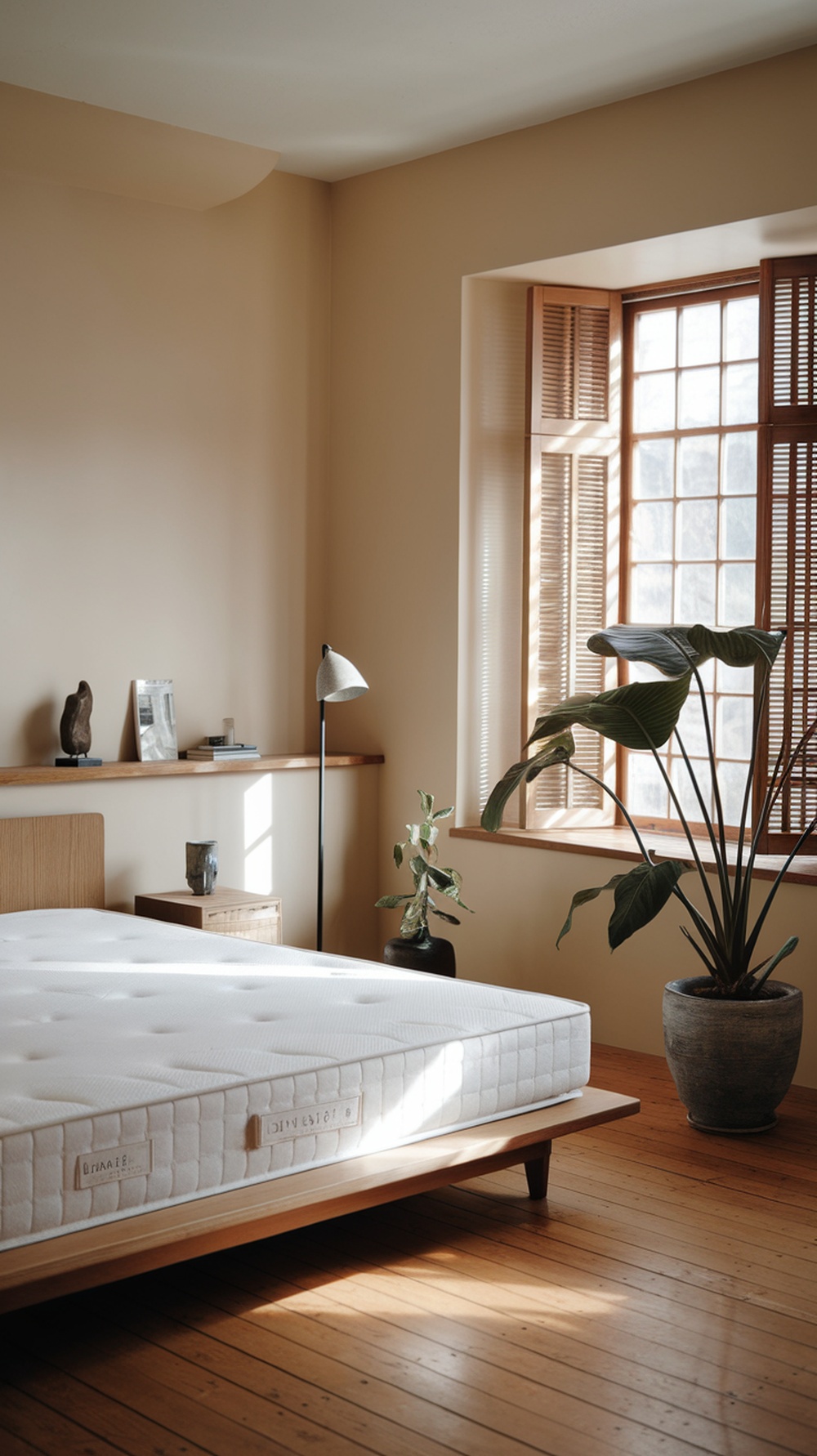 A minimal Japandi bedroom featuring a wooden bed, natural light, and potted plants.