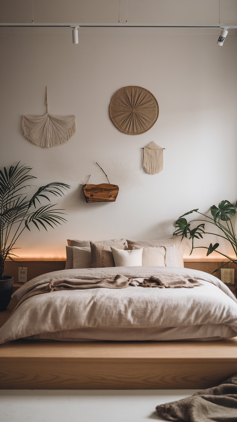 A Japandi bedroom featuring artful wall displays with nature-inspired prints in simple frames.