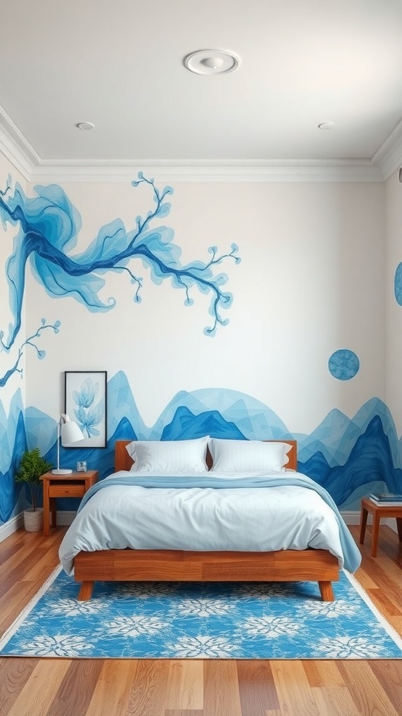 A bedroom featuring artistic blue and white murals with a wooden bed and cozy decor.